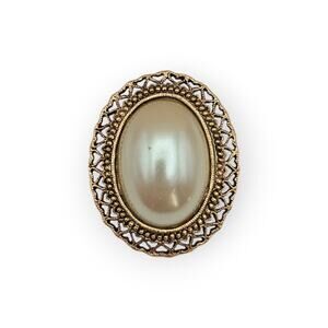 Pearl Oval Cabochon Filigree Pin Brooch – 1928 Brand – Vintage Victorian Romance